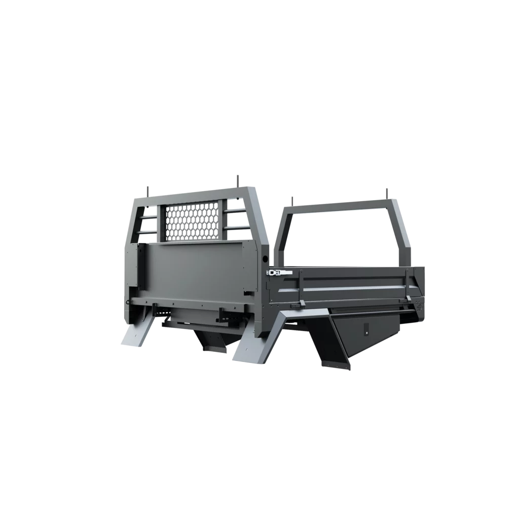 Trojan Canopies 1800mm aluminium tray, passenger side, closed draw and boxes, front view.