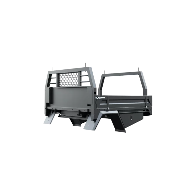 Trojan Canopies 1800mm aluminium tray, passenger side, closed draw and boxes, front view.