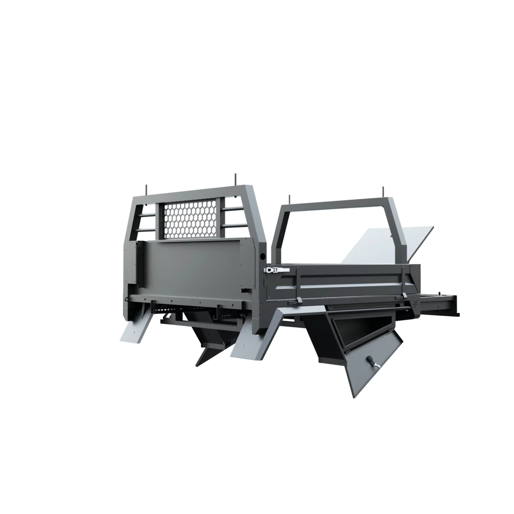 Trojan Canopies 1800mm aluminium tray, passenger side, open draw and boxes, front view.
