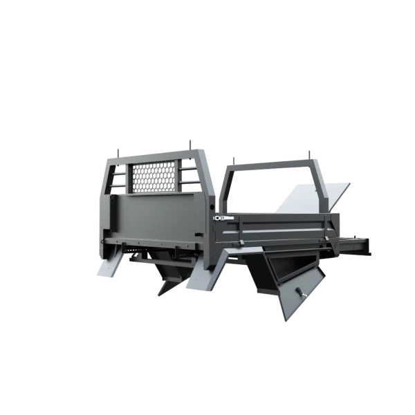 Trojan Canopies 1800mm aluminium tray, passenger side, open draw and boxes, front view.