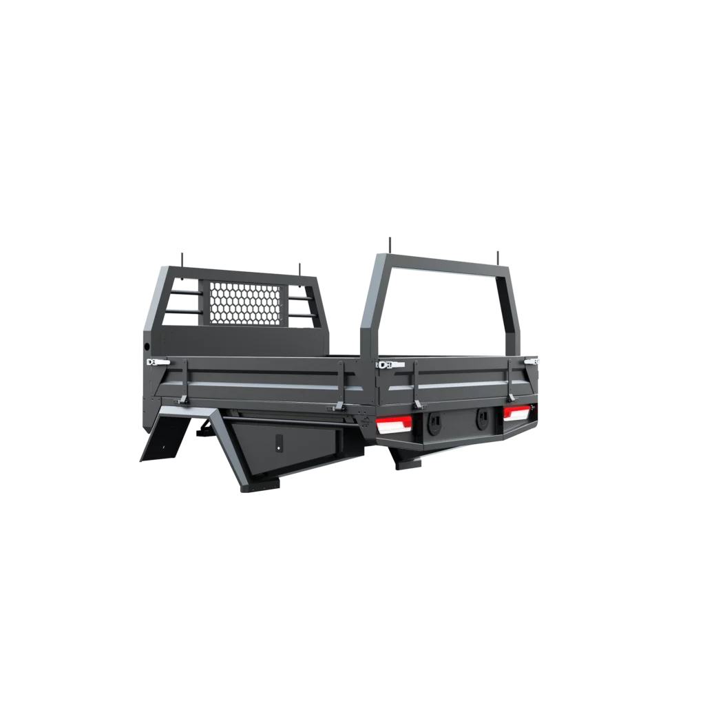 Trojan Canopies 1800mm aluminium tray, passenger side, closed draw and boxes, rear view.