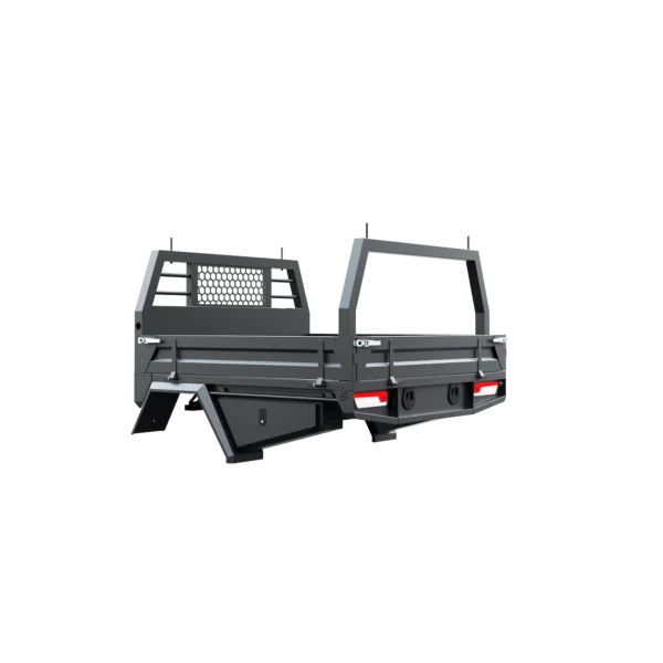 Trojan Canopies 1800mm aluminium tray, passenger side, closed draw and boxes, rear view.