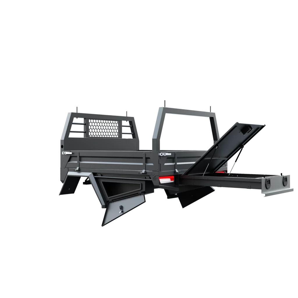 Trojan Canopies 1800mm aluminium tray, passenger side, open draw and boxes, rear view.