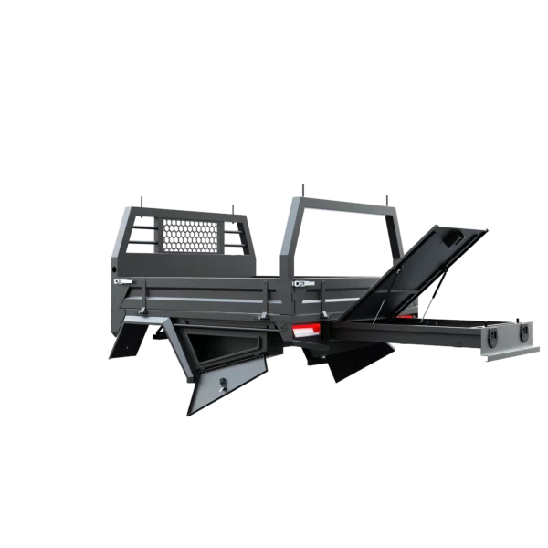 Trojan Canopies 1800mm aluminium tray, passenger side, open draw and boxes, rear view.