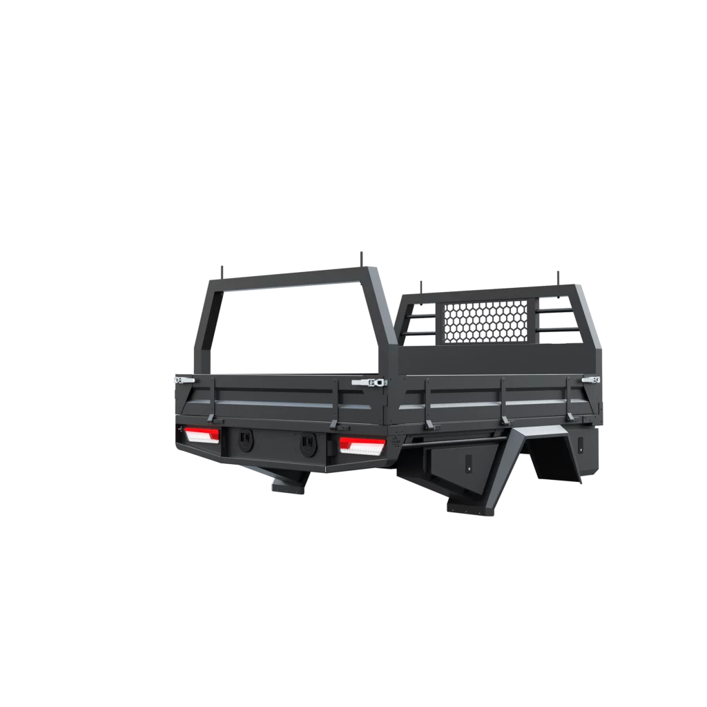 Trojan Canopies 2000mm aluminium tray, drivers side closed draw and boxes, rear view.