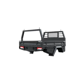 Trojan Canopies 2000mm aluminium tray, drivers side closed draw and boxes, rear view.