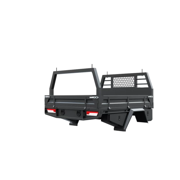 Trojan Canopies 2000mm aluminium tray, drivers side closed draw and boxes, rear view.
