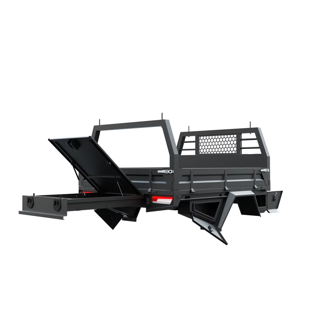 Trojan Canopies 2000mm aluminium tray, drivers side open draw and boxes, rear view.
