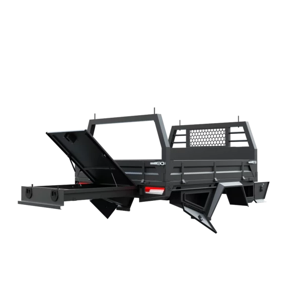 Trojan Canopies 2000mm aluminium tray, drivers side open draw and boxes, rear view.