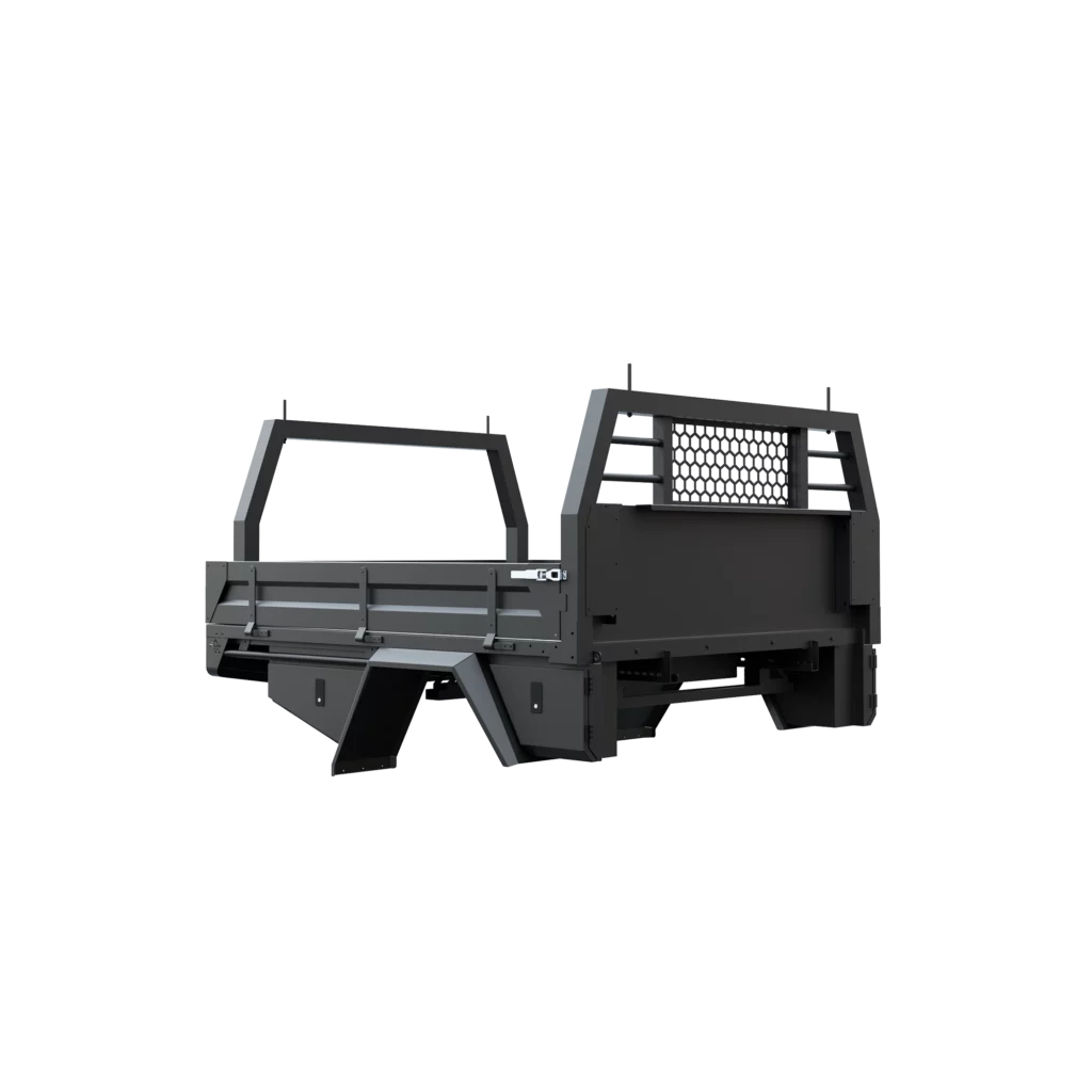Trojan Canopies 2000mm aluminium tray, drivers side, closed draw and boxes, front view.
