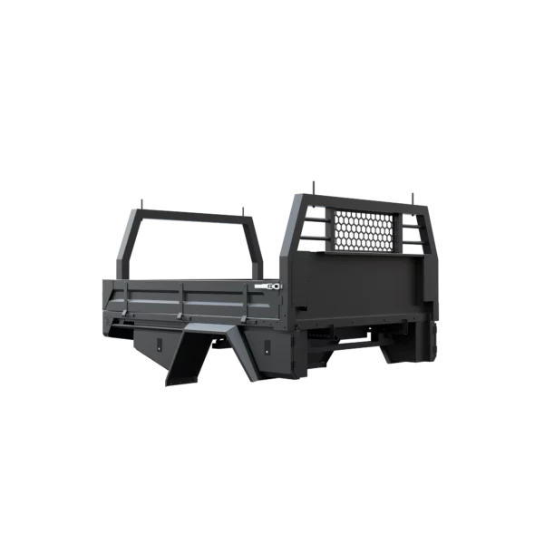 Trojan Canopies 2000mm aluminium tray, drivers side, closed draw and boxes, front view.