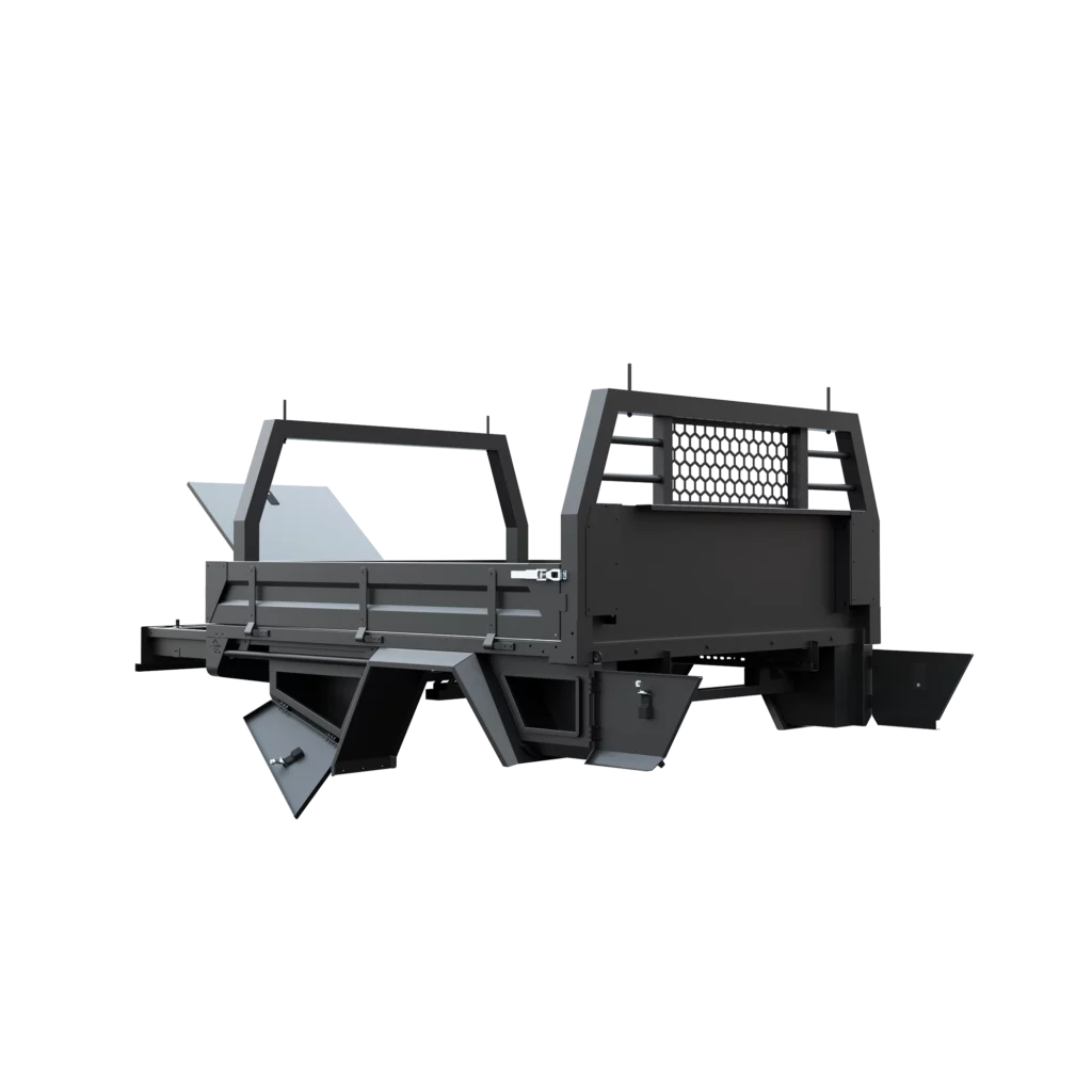 Trojan Canopies 2000mm aluminium tray, drivers side, open draw and boxes, front view.