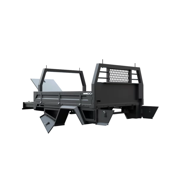 Trojan Canopies 2000mm aluminium tray, drivers side, open draw and boxes, front view.