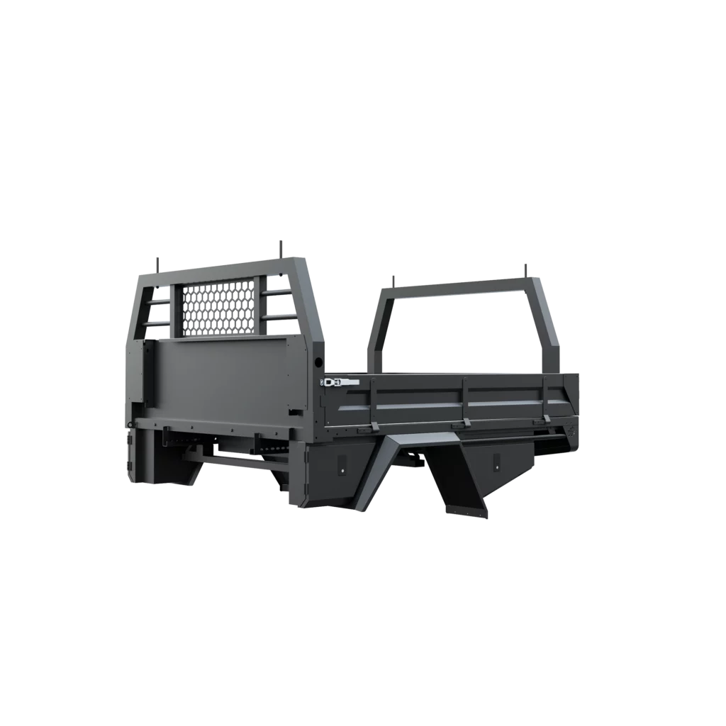 Trojan Canopies 2000mm aluminium tray, passenger side, closed draw and boxes, front view.