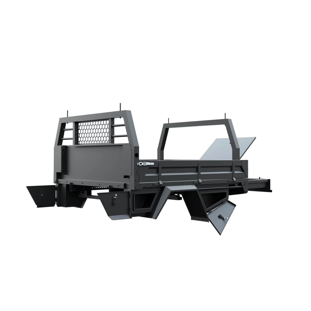 Trojan Canopies 2000mm aluminium tray, passenger side, open draw and boxes, front view.