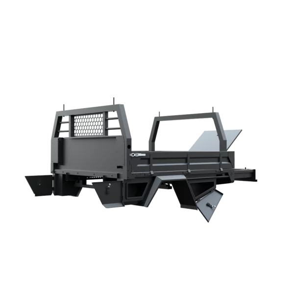 Trojan Canopies 2000mm aluminium tray, passenger side, open draw and boxes, front view.