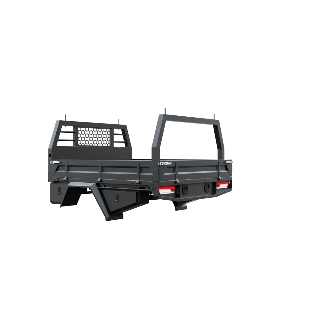 Trojan Canopies 2000mm aluminium tray, passenger side, closed draw and boxes, rear view.