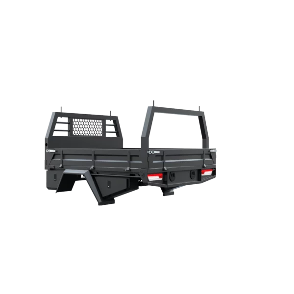 Trojan Canopies 2000mm aluminium tray, passenger side, closed draw and boxes, rear view.
