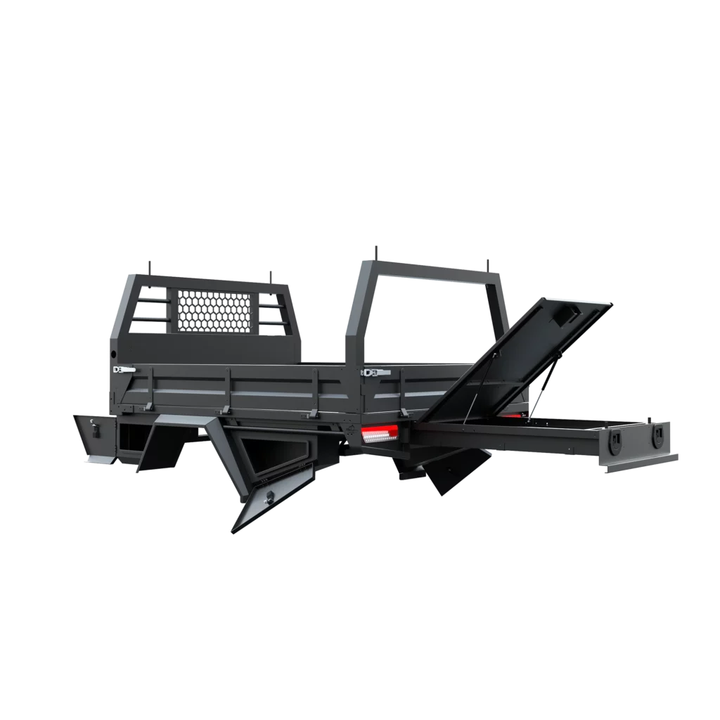 Trojan Canopies 2000mm aluminium tray, passenger side, open draw and boxes, rear view.