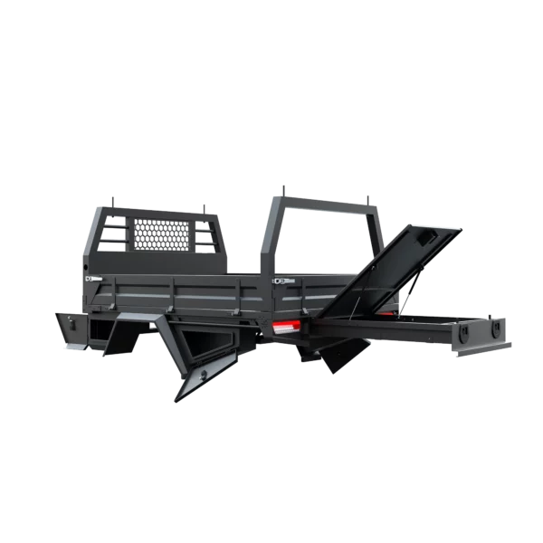 Trojan Canopies 2000mm aluminium tray, passenger side, open draw and boxes, rear view.