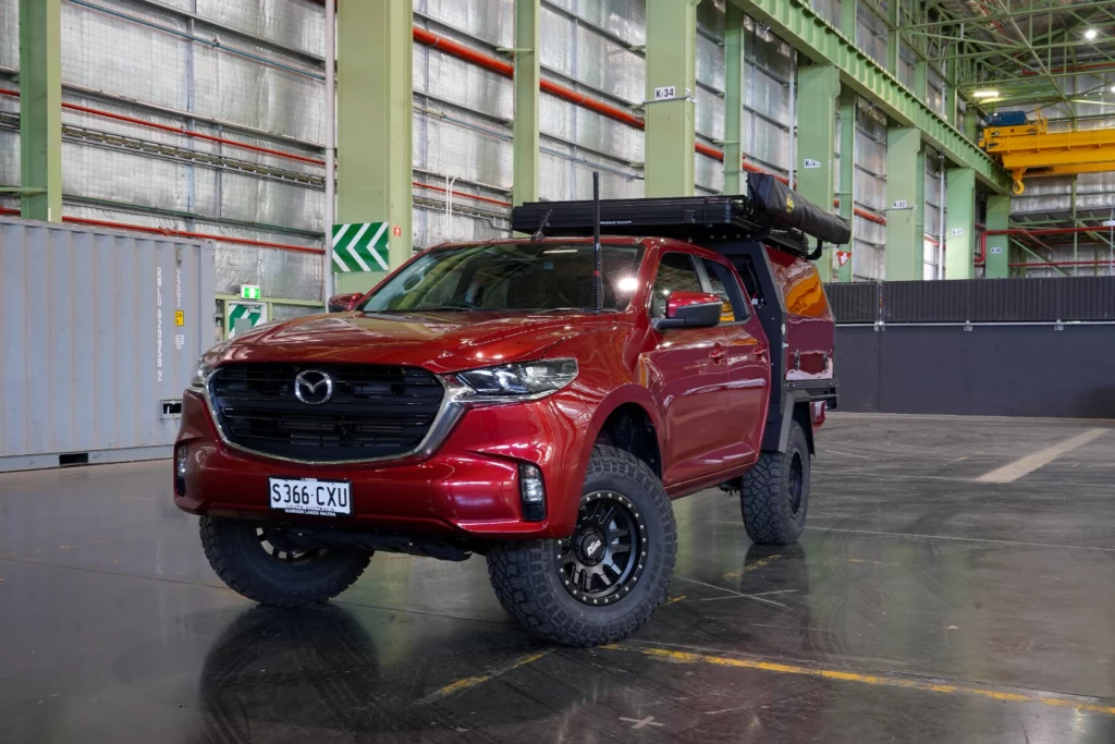 Red Mazda BT50 with 1800mm alloy tray and 1600mm canopy