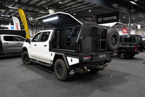 White Silverado ZR2 with Alloy Tray and Canopy open