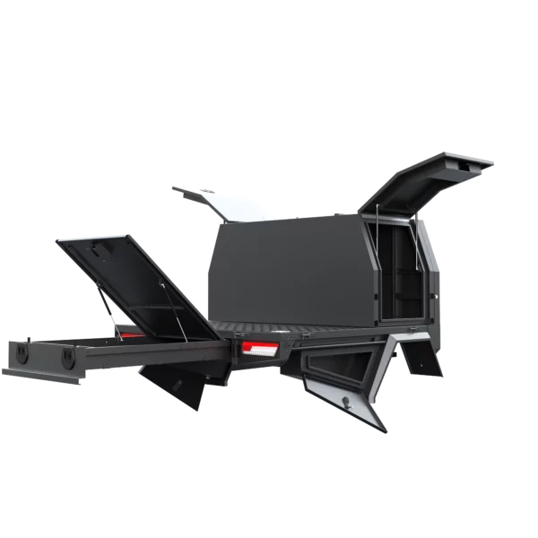 Trojan Canopies 800mm aluminium canopy, drivers side with doors open, rear view.