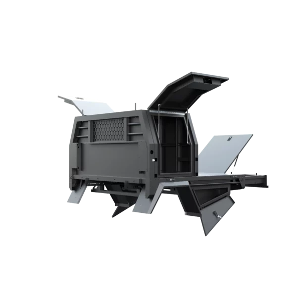 Trojan Canopies 800mm aluminium canopy, passenger side with doors open, front view.