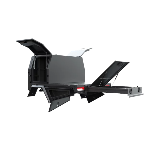 Trojan Canopies 800mm aluminium canopy, passenger side with doors open, rear view.