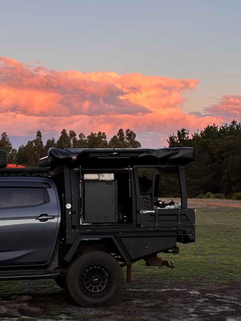 Slice of Bliss tray and canopy setup at sunset