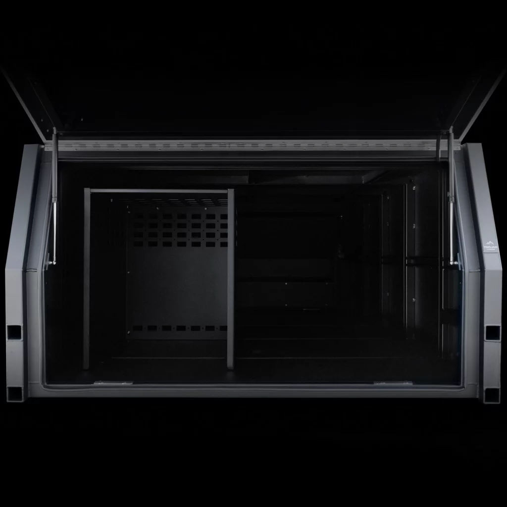 1600mm alloy canopy featuring a fridge cage for secure, accessible cold storage in 4x4 touring builds