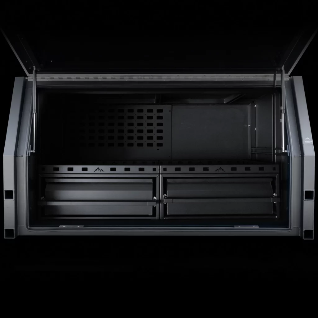 1600mm alloy canopy with side-by-side drawers on driver’s side for organized and balanced gear storage