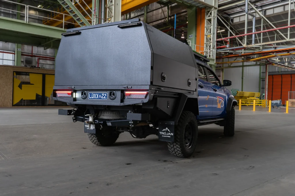 Rear view of Trojan Canopies 1600 Tray 1600 canopy Hilux