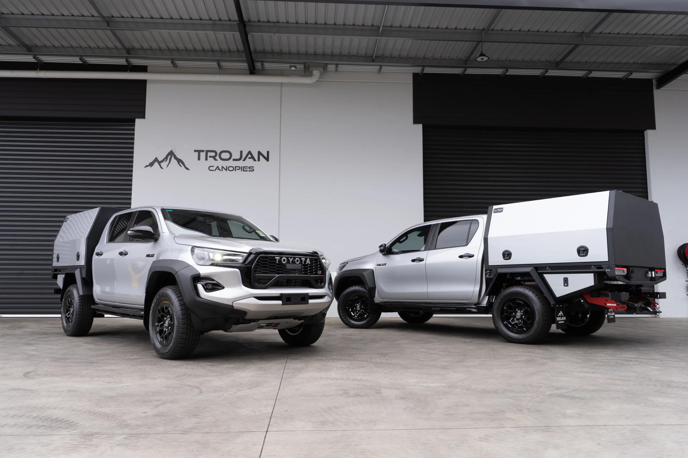 Two Silver Hilux with 1700 Chassis Mount Service Body Canopy