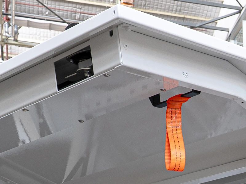 Close up of whale tail covers used in Chassis Mounted Trade Canopy