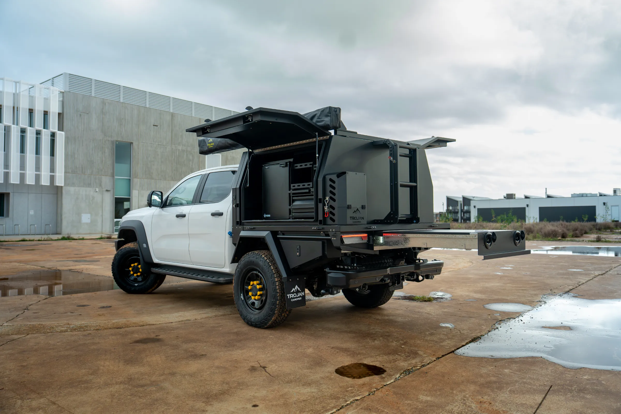Rear Trundle Drawer open on Trojan Canopies 1600mm Tray