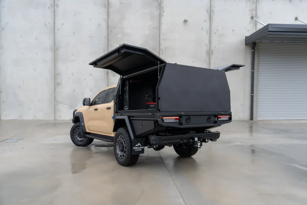 Rear view of Trojan Canopies Tray and Canopy on Super Duty