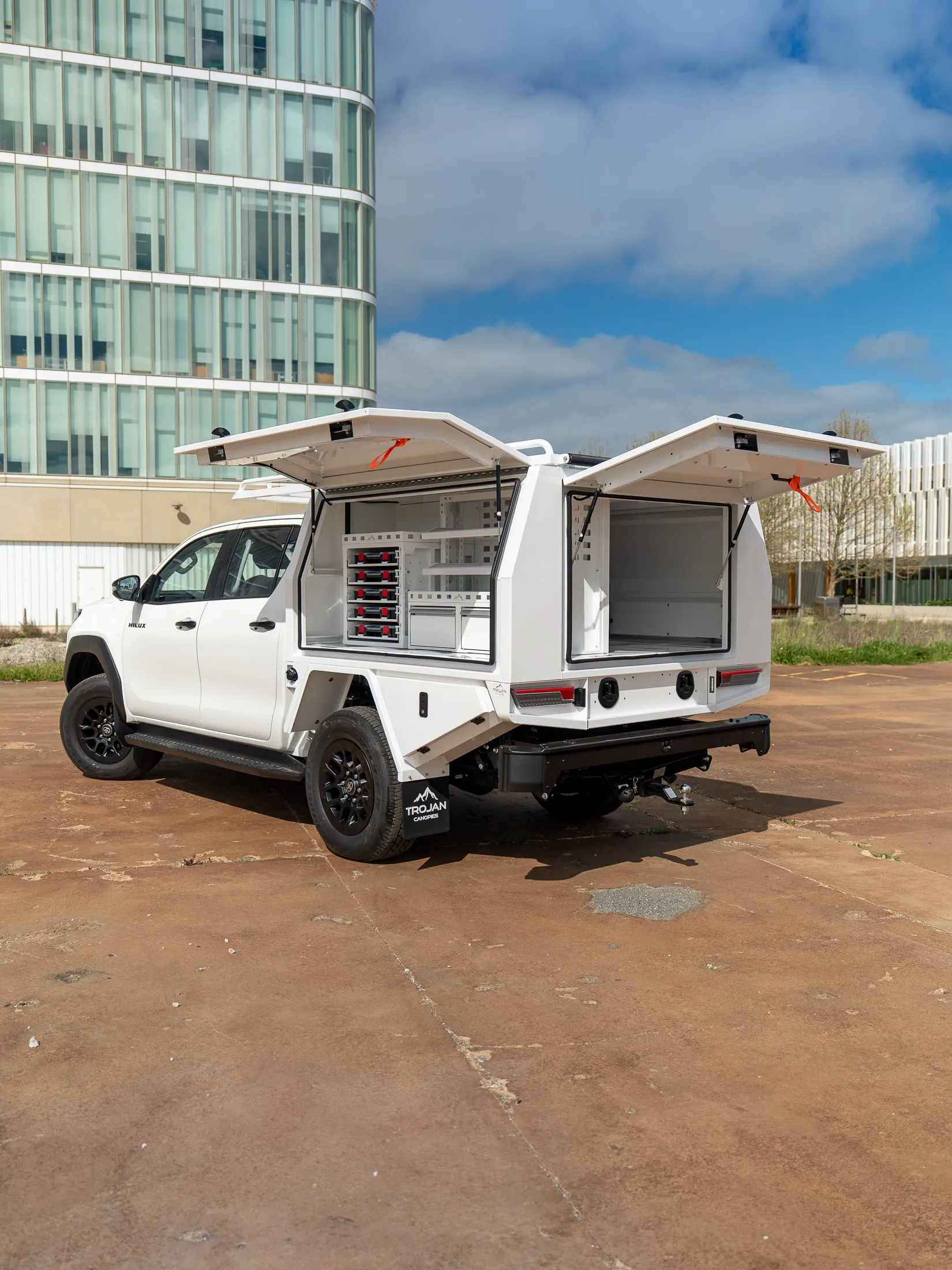 Toyota Hilux with Trojan trade body gullwing doors open